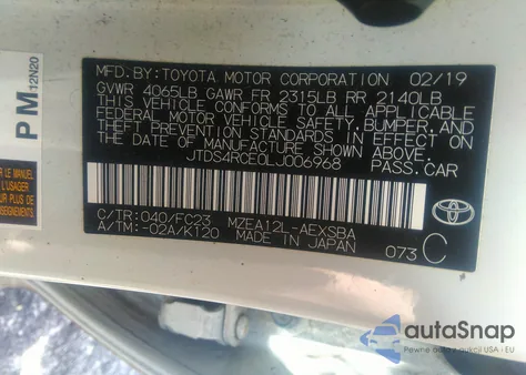 2020 Toyota Corolla Se from USA, damaged, VIN JTDS4RCE0LJ006968